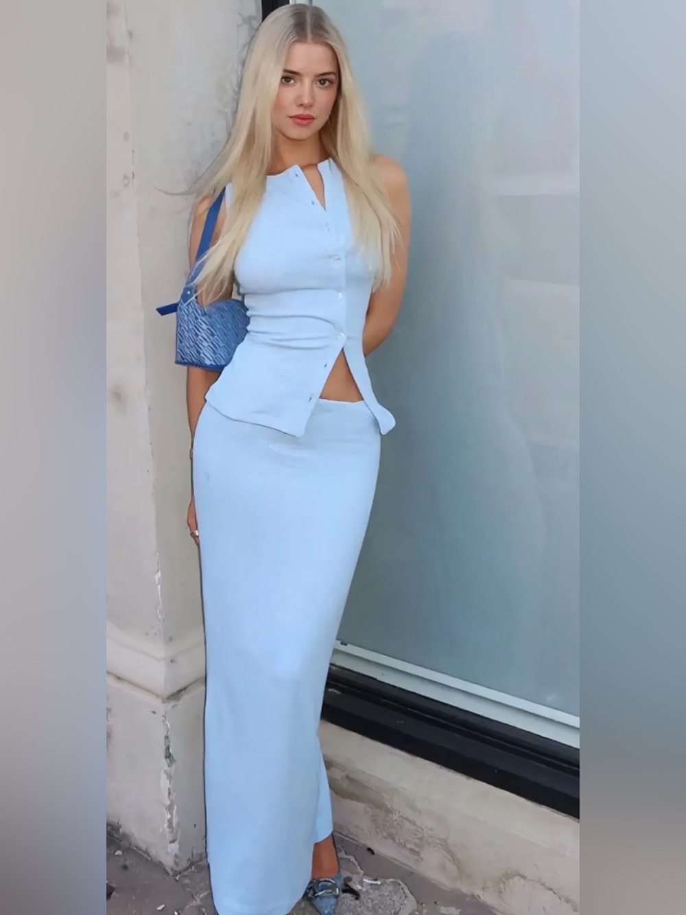 Light Blue Women's Maxi Skirt - Sleek High-Waist Style